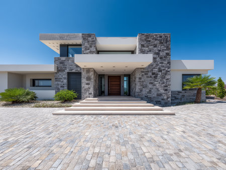 This striking luxury home features a stylish stone facade and modern architecture. It is set against a clear blue sky, surrounded by landscaped greenery and a paved pathway.の素材