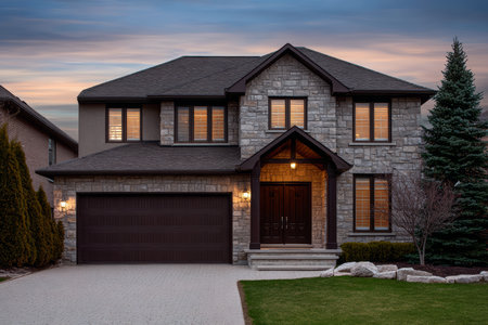 This beautiful modern house features a stone exterior, large windows with warm lighting, and a welcoming entrance. Lush green grass surrounds the home, highlighting its charm during twilight.の素材