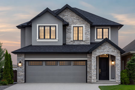 A lovely modern house features a combination of stone and gray siding. The warm light from the windows creates a cozy atmosphere during dusk.の素材