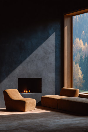 A modern living space features a brown chair and sofa near a fireplace. Large windows reveal a beautiful view of colorful autumn trees in the distance. Warm light fills the room.の素材