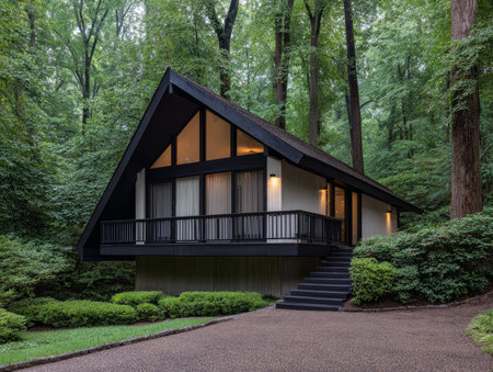 Nestled in a dense forest, this modern cabin features large windows and a spacious porch. Sunlight filters through the trees, creating a serene and inviting atmosphere.の素材