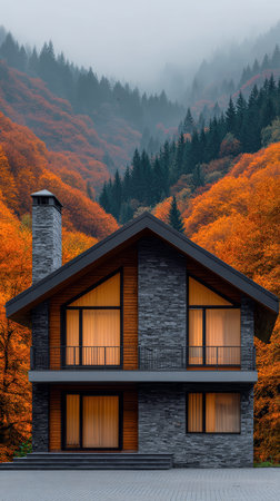 A modern house features large windows and a stone exterior, nestled against a backdrop of colorful autumn trees in a mountainous area, creating a serene atmosphere.の素材