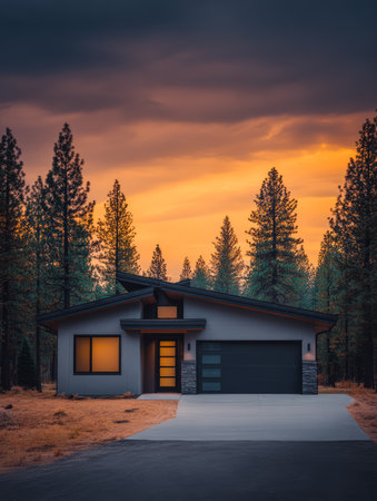 A sleek modern house stands under a dramatic sky as the sun sets. The warm glow from windows contrasts with the cool tones of tall trees in the background.の素材