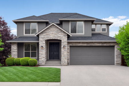 This modern house features a stone facade, neatly trimmed lawn, and large windows, showcasing a welcoming entrance in a quiet suburban area during daytime.の素材