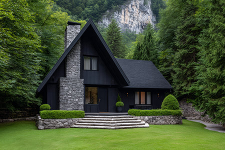 A stylish black cabin sits on a well-manicured lawn, framed by tall trees and rocky cliffs. The setting is peaceful, perfect for a relaxing getaway in nature.の素材