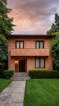 A two-story house features a warm exterior, bordered by neatly trimmed bushes and a stone pathway. The sky displays stunning colors at sunset, enhancing the peaceful scene.の素材