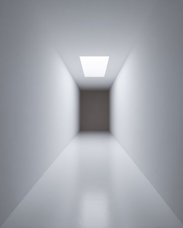 This scene features a spacious, minimalist hallway illuminated by natural light from a skylight. The clean, white walls and floor create a peaceful atmosphere, showcasing simple yet elegant design.の素材