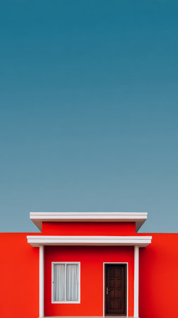 A striking red house stands out under a bright blue sky. The design features simple lines with a brown door and white window, enhancing its modern charm.の素材