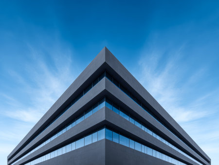 A contemporary building stands tall with sharp angles and wide glass windows, reflecting the expansive blue sky. The clean lines and minimalist style create an impressive visual impact.の素材