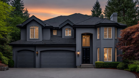 A stylish gray house stands in a peaceful setting with tall trees nearby. The warm light from the windows contrasts beautifully with the evening sky at sunset.の素材