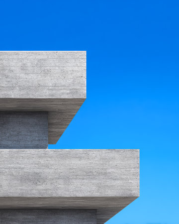 A modern architectural structure displays layered concrete surfaces against a clear blue sky. The sharp lines and clean shapes highlight minimalist design principles and contemporary aesthetics.の素材