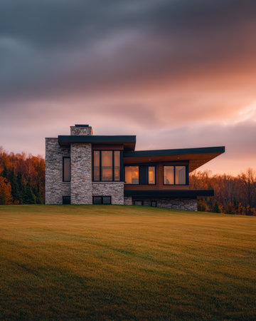 A sleek, modern house stands atop a grassy hill as the sun sets, casting warm light on the structure and surrounding trees. The sky is filled with vibrant colors.の素材