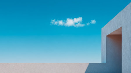 A clear blue sky features a solitary cloud while modern architecture stands out against the vibrant backdrop. The scene captures minimalism and tranquility during daylight.の素材