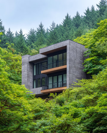 A sleek, modern building stands among lush green trees on a hillside. The structure features large windows and wooden accents, showcasing a serene natural environment.の素材