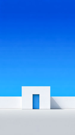 A striking blue door stands prominently against a simple white wall under a bright blue sky. The clean lines and minimalist design evoke a sense of calm and tranquility.の素材