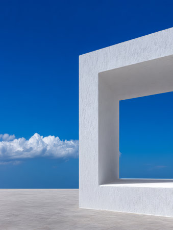 A modern white frame stands against a bright blue sky with fluffy clouds, creating a minimalist and peaceful atmosphere in an outdoor location. The scene evokes tranquility and simplicity.の素材