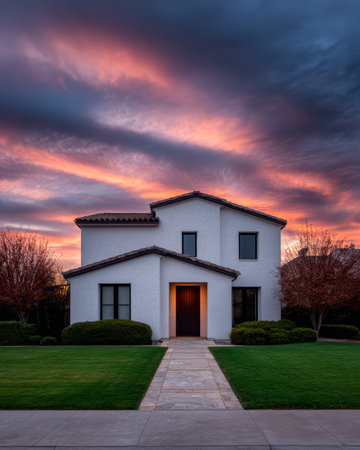 A charming white house with modern architecture stands amidst green grass. The sunset casts a warm glow, highlighting the serene neighborhood's beauty and tranquility.の素材
