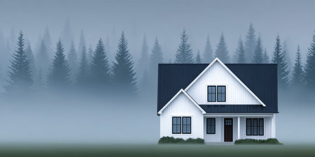 A cozy white house stands alone in a dense forest, surrounded by towering evergreen trees. The scene is shrouded in fog, creating a tranquil atmosphere at dawn.の素材
