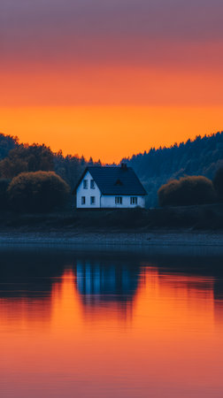 Evening light casts beautiful hues of orange and pink over a calm lake, where a white house stands among trees. The reflection in the water adds charm to the serene scene.の素材