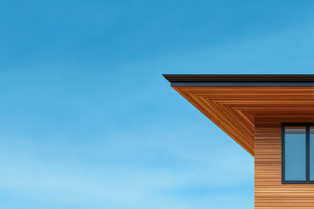 A striking building features a warm wooden facade and a sleek roofline, set against a clear blue sky that enhances the modern aesthetic.の素材