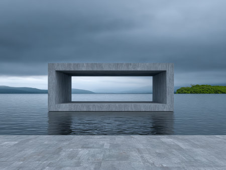 A large rectangular concrete structure is positioned over still water, surrounded by hills and dark clouds. The setting conveys a peaceful, modern atmosphere at the lakeside.の素材