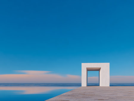 A striking white geometric structure is positioned next to a serene ocean, reflecting the clear blue sky during the early morning hours, creating a peaceful scene.の素材
