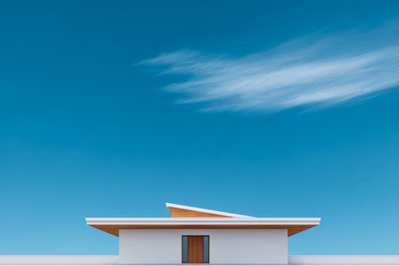 A striking minimalist building features clean lines and a unique roof design. Set against a vivid blue sky, the structure highlights modern architectural trends during daylight.の素材