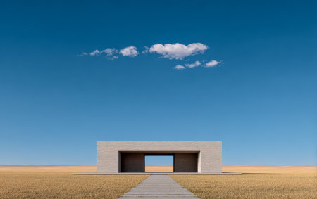 A minimalist building with a rectangular shape sits in an expansive field. Its simple design contrasts sharply with the bright blue sky and fluffy white clouds above. Sunlight casts soft shadows.の素材