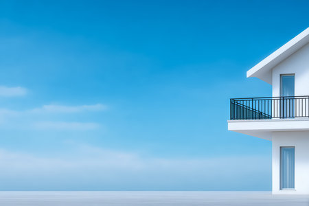 A bright, white modern house stands on a platform, featuring a balcony. The backdrop showcases a clear, blue sky with few clouds, evoking a peaceful atmosphere near the ocean.の素材