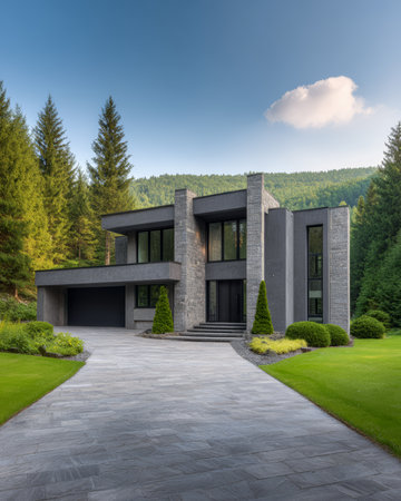 A stylish modern house with large glass windows and stone features sits amidst tall trees and manicured lawns. The driveway echoes a peaceful, natural ambiance, ideal for relaxation.の素材