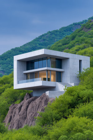 A sleek, modern structure stands boldly on a rocky hillside. The house features large glass windows and clean lines, immersed in vibrant green foliage.の素材
