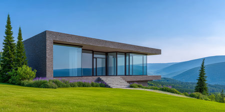 A sleek modern house features expansive windows that showcase breathtaking mountain scenery. Lush green grass and trees surround the structure under a clear sky.の素材