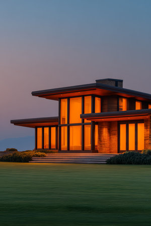 A contemporary house features large windows glowing with warm light at twilight. The structure stands in a peaceful outdoor environment with manicured grass and distant hills.の素材