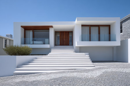 This stylish house showcases a minimalistic design with large windows and smooth stone steps. The clear blue sky enhances the home's modern architecture.の素材