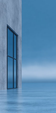 A sleek building corner is highlighted, featuring large windows that reflect the calm blue surroundings. The smooth surface adds to the serene atmosphere of the scene.の素材