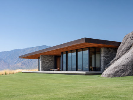 A contemporary home made of stone and glass sits on a grassy area surrounded by mountains. The design complements the natural landscape while providing breathtaking views.の素材