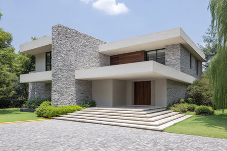 This stylish stone house features clean lines and large windows set within a lush garden. Steps lead to the entrance, bathed in natural light under a clear blue sky.の素材
