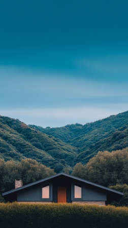 A charming wooden house stands at the foot of lush green hills under a cloudy sky. The serene landscape creates a peaceful atmosphere, ideal for relaxation.の素材