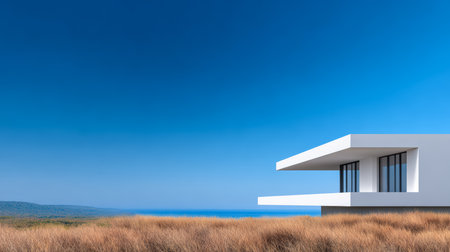 A sleek, modern house sits on a grassy hill with a stunning ocean view under a bright blue sky. The design features large windows and a minimalist style, capturing the serene landscape.の素材