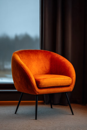 Soft orange chair sits alone by a large window in a living room, offering a comfortable spot to relax. The dark curtains frame a moody outdoor scene.の素材