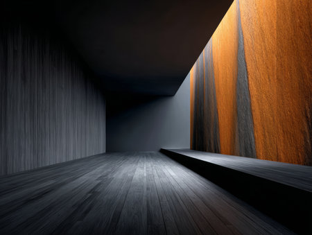 A modern interior showcases a minimalist design with wooden textures. Natural light accentuates the space, highlighting the contrasting walls and unique angles.の素材