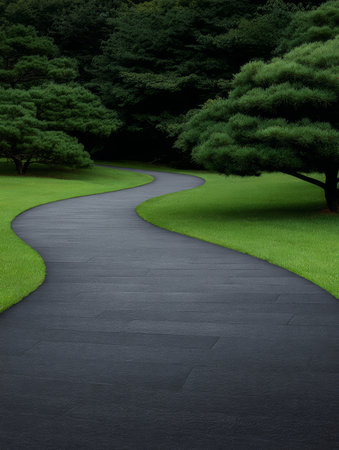 A smooth, curved pathway leads through a vibrant green lawn, bordered by well-kept trees. The peaceful atmosphere invites a leisurely stroll.の素材