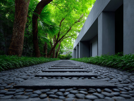 A tranquil pathway made of stone slabs winds through a vibrant garden filled with lush greenery and trees. The scene captures a peaceful atmosphere perfect for relaxation.の素材