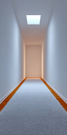 A long, narrow hallway features soft, warm lighting that highlights the clean lines of the walls. The space has a cozy carpet and elegant wooden flooring, creating a welcoming atmosphere.の素材