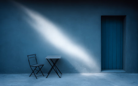 A small table and a black chair sit against a blue wall with a door. Soft light highlights this peaceful corner, creating a calming scene perfect for relaxation.の素材