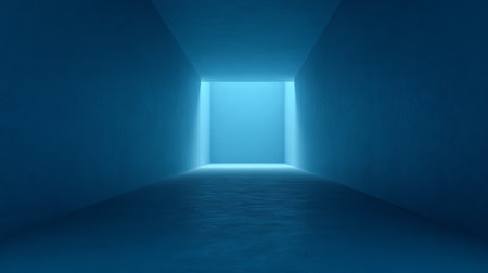 A dark tunnel leads to a bright light, creating an atmosphere of mystery and depth. The smooth walls reflect the bluish glow, inviting curiosity and exploration.の素材