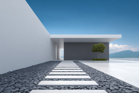 A sleek pathway made of concrete slabs leads through smooth black stones to a minimalist structure. A small tree adds a touch of nature against the backdrop of a clear sky and distant mountains.の素材