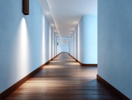 Long and inviting hallway features soft blue walls and warm lights, complemented by polished wooden floors, creating a serene environment. Ideal for relaxing strolls.の素材