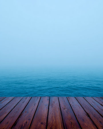 Soft pale blue tones fill the scene as fog blankets the water. A wooden dock stretches out towards the serene surface, enhancing the tranquil atmosphere of the dawn.の素材
