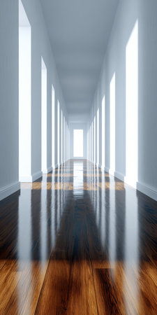 Sunlight streams through tall windows in a long corridor, highlighting the smooth wooden floor. The bright, minimalist space creates an inviting atmosphere.の素材